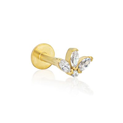 Orecchino piercing Trifoglio in oro giallo 18 kt con zirconi, chiusura a vite interna, collezione LOTHUS – LA FENICE LUXURY – 32O3620