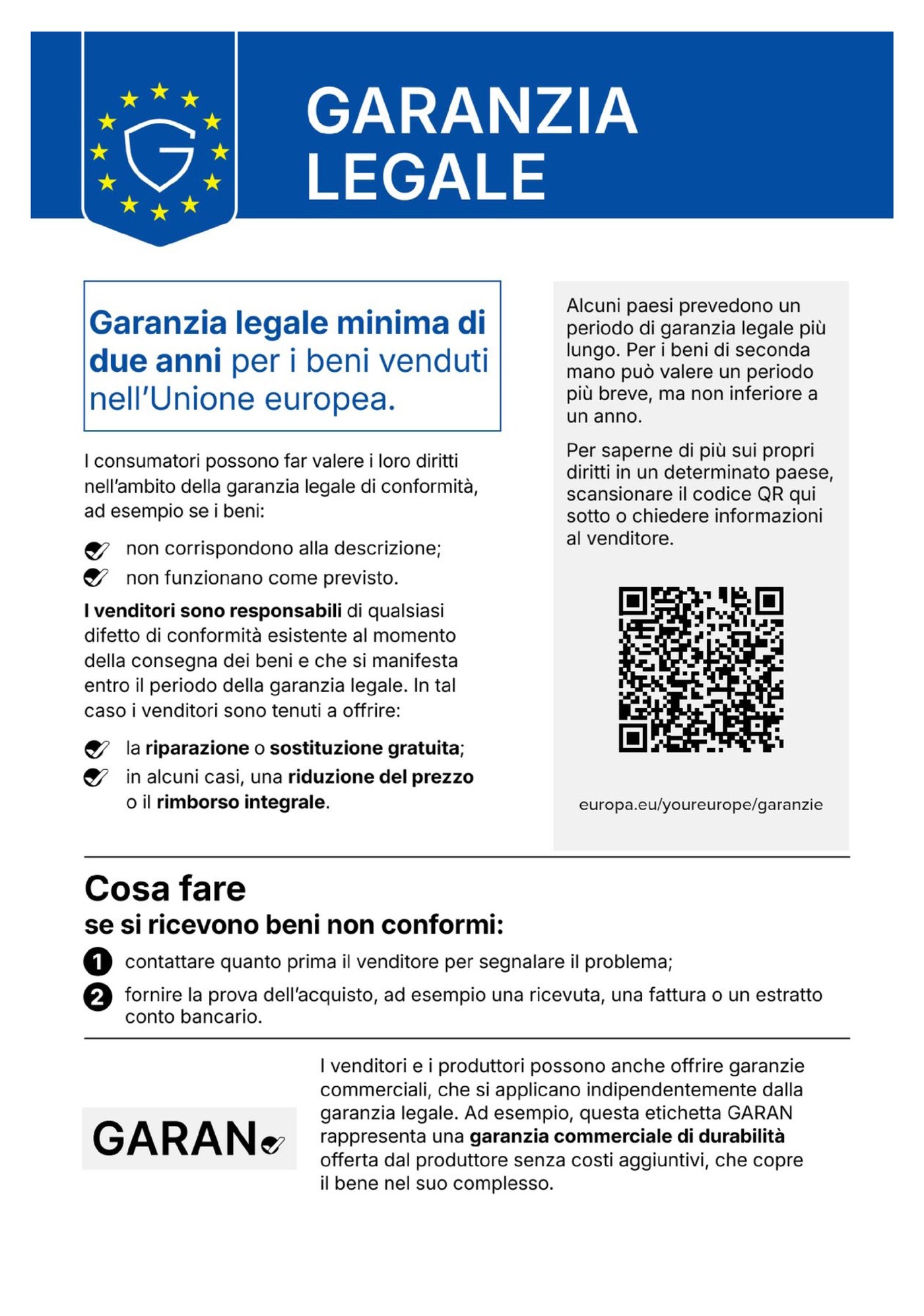 Avviso armonizzato UE sulla garanzia legale di conformità: garanzia minima di due anni, riparazione o sostituzione gratuita, riduzione del prezzo o rimborso, cosa fare se si ricevono beni non conformi